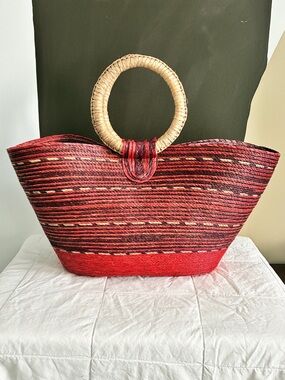 Red Woven Straw Tote Bag | Oversized Beach Pool Vacation Market Bag like new